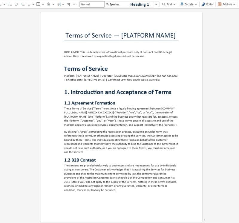 Terms of service document