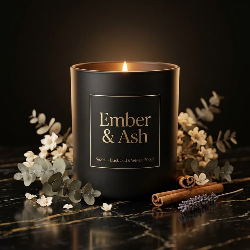 Product mockup — lit luxury candle with gold Ember & Ash label on black marble