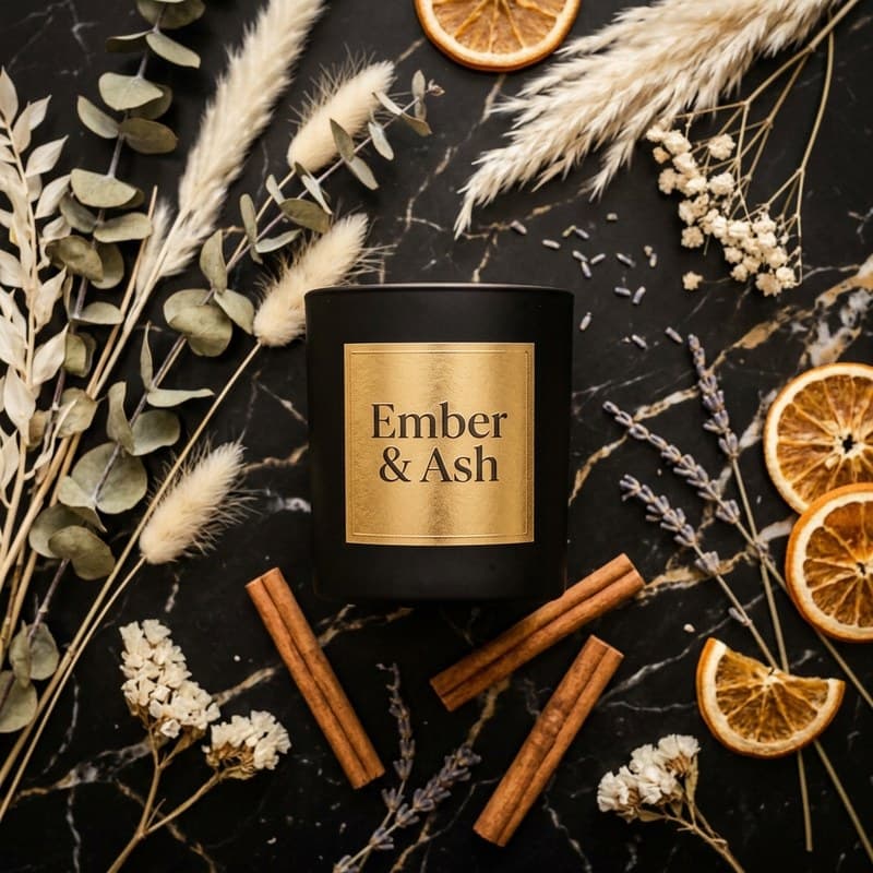 Product mockup — flat-lay of Ember & Ash candle with dried botanicals and orange slices