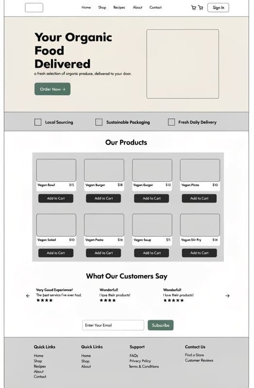 AI-generated website wireframe — e-commerce layout