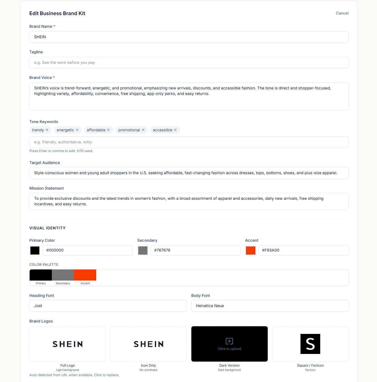 A generated brand kit with extracted logo, colour palette and tone of voice