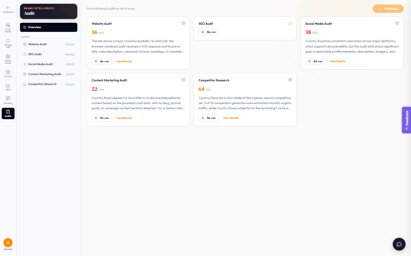 The Audits hub scoring website, SEO, social, content marketing and competitor research out of 100