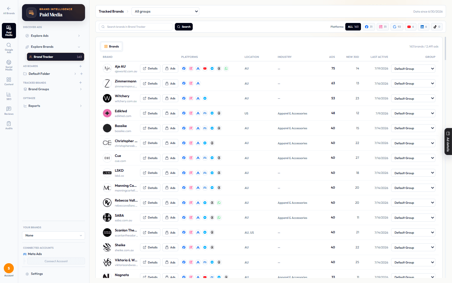 The Brand Tracker grid with tracked-brand groups, industry column and per-brand ad counts