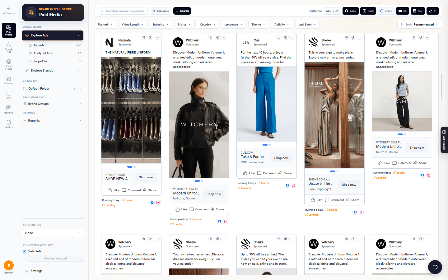 The Explore Ads feed showing competitor ads across platforms with filters applied