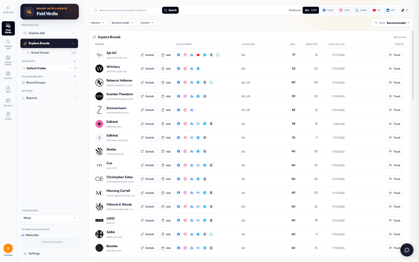 Explore Brands listing tracked advertisers with the platforms they run on, ad counts and last-active dates