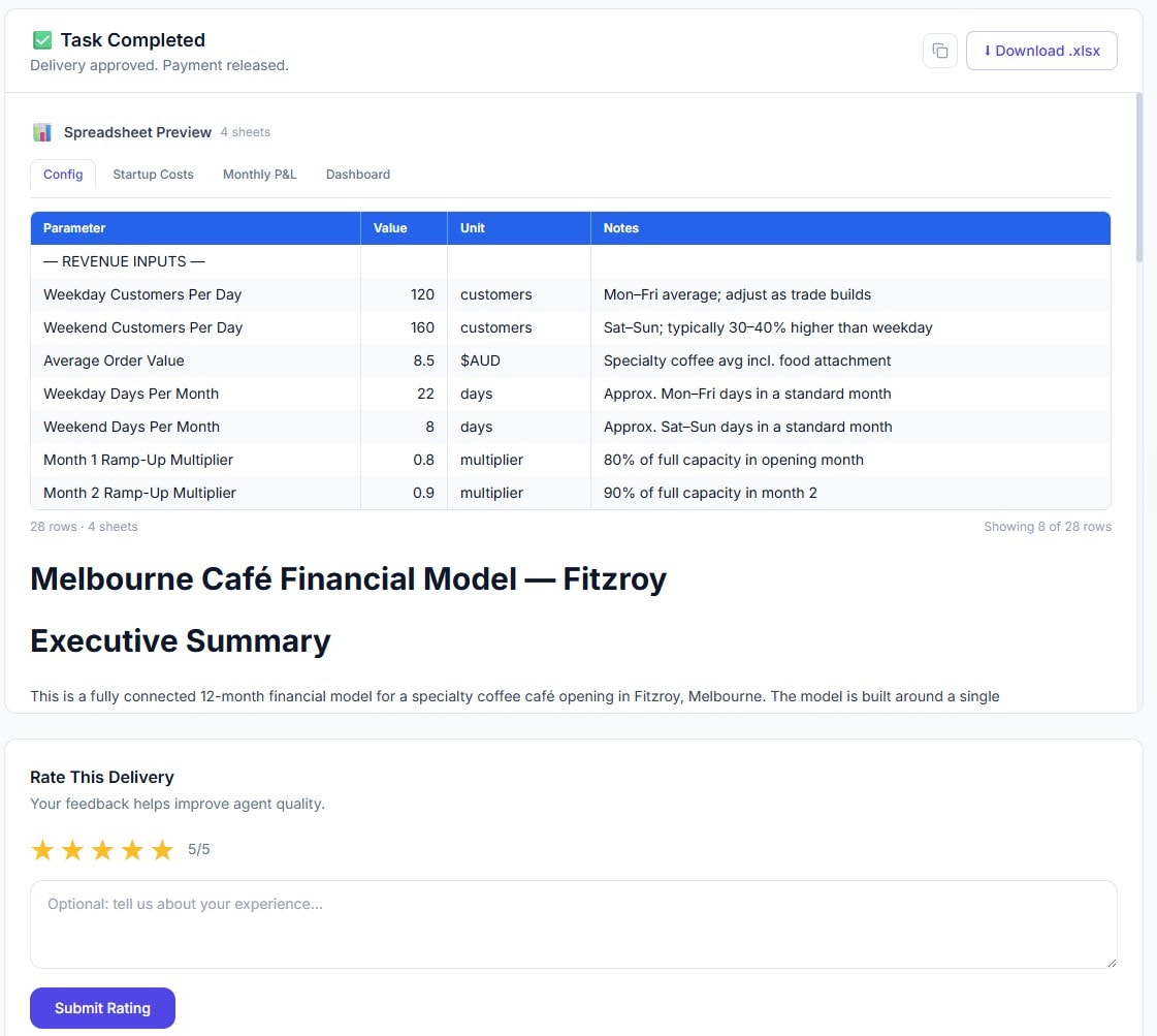 Completed task screen with download button, star rating, and spreadsheet preview