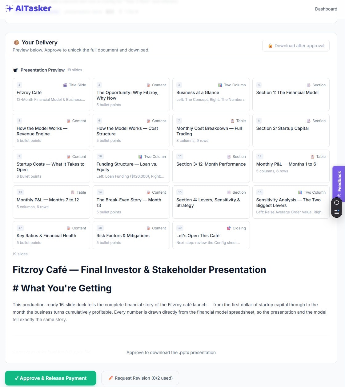 Delivery approval screen showing a 19-slide investor presentation with slide previews, approve and revision buttons